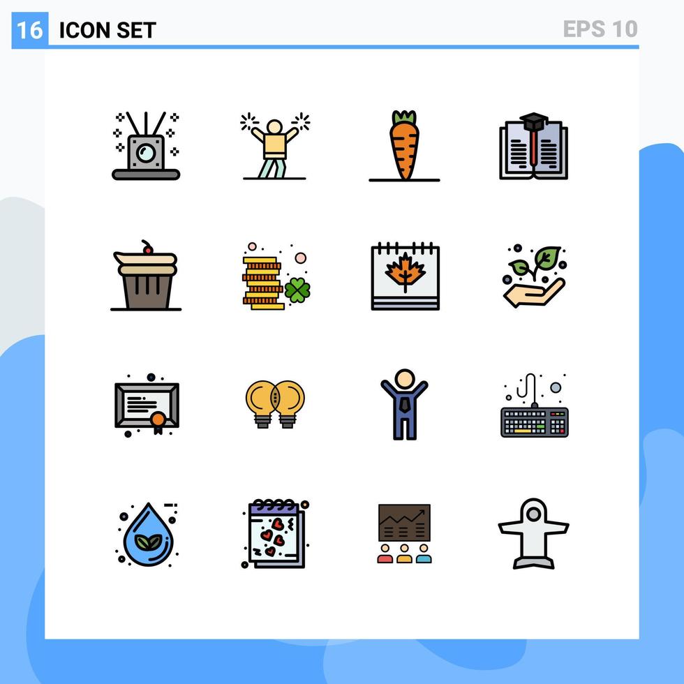 Flat Color Filled Line Pack of 16 Universal Symbols of kitchen done carrot and book Editable Creative Vector Design Elements