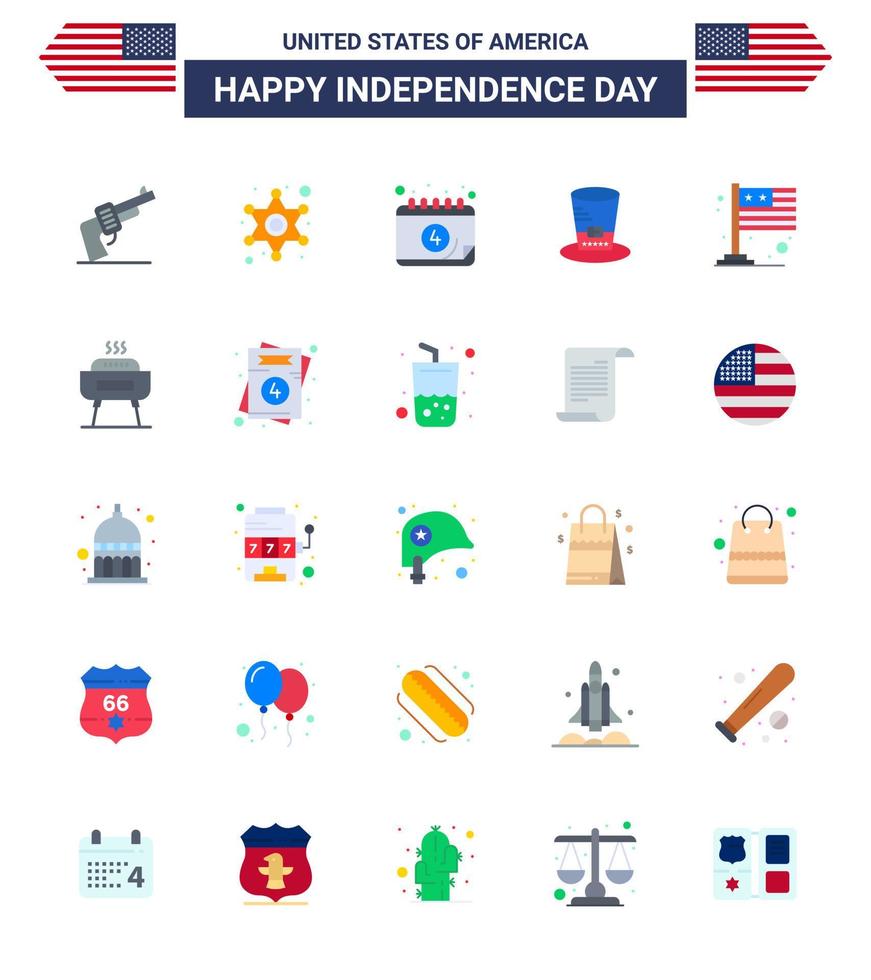 conjunto moderno de 25 pisos y símbolos en el día de la independencia de estados unidos, como la bandera de estados unidos, día de los presidentes estadounidenses, elementos de diseño vectorial editables del día de estados unidos vector