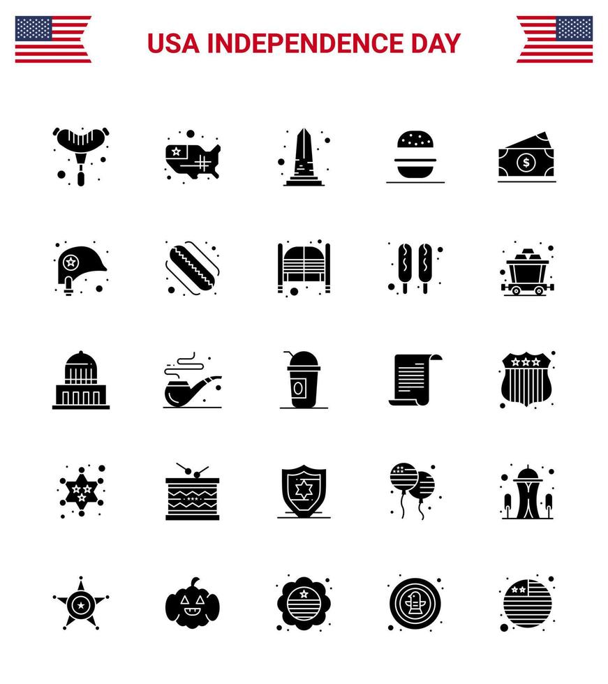 25 signos de glifo sólido para el día de la independencia de EE. UU. Dinero EE. UU. Monumento Hamburguesa americana Elementos de diseño vectorial editables del día de EE. UU. vector