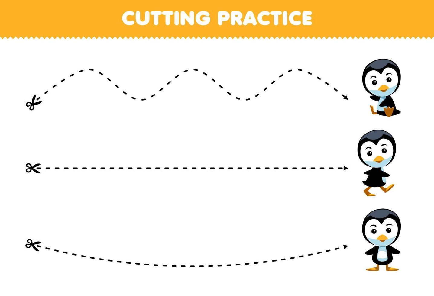 Education game for children cutting practice with cute cartoon penguin picture printable winter worksheet vector
