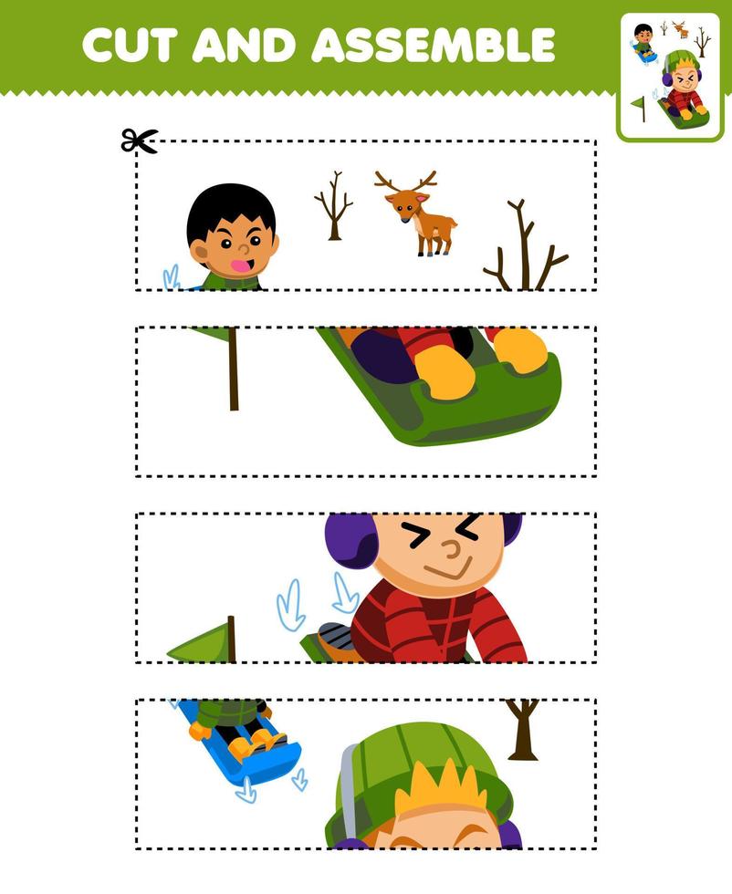 Education game for children cutting practice and assemble puzzle with cute cartoon kids playing sled printable winter worksheet vector