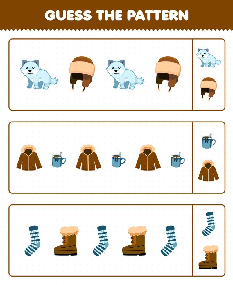 Education game for children guess the pattern each row from cute cartoon arctic fox hat jacket sock boot printable winter worksheet vector