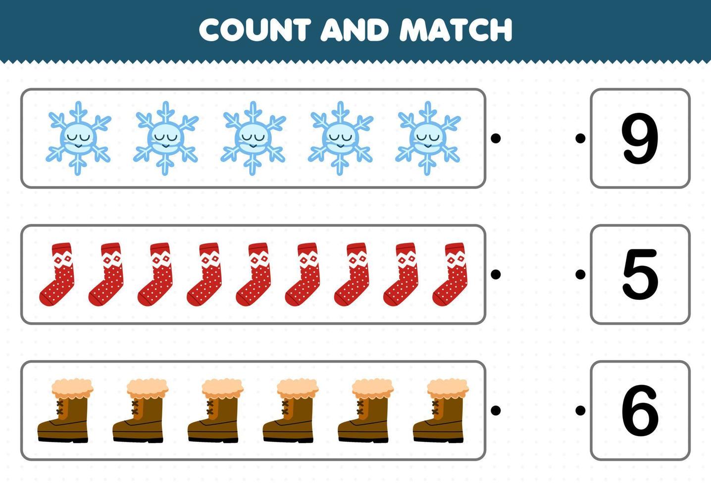 Education game for children count the number of cute cartoon snowflake sock boot and match with the right numbers printable winter worksheet vector