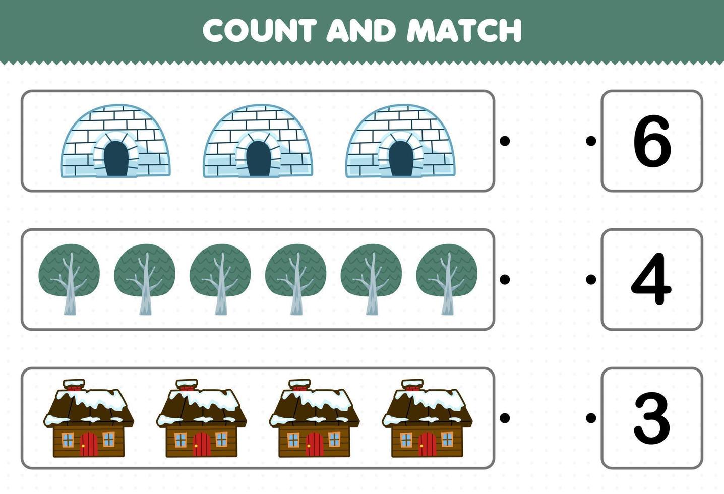 juego educativo para niños cuente el número de dibujos animados lindos de la casa del árbol iglú y combine con los números correctos hoja de trabajo de invierno imprimible vector