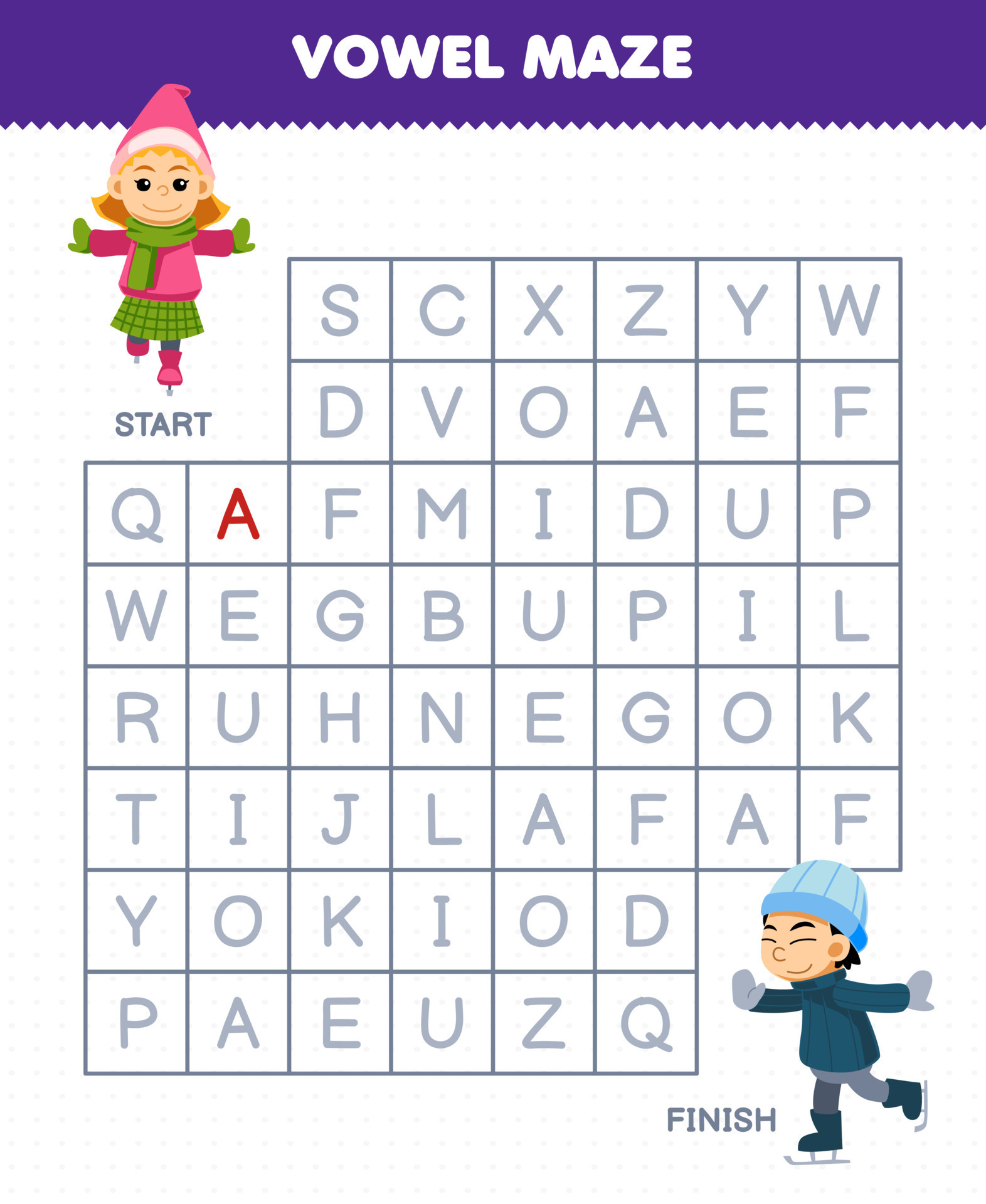 Education game for children vowel maze help cute cartoon girl playing