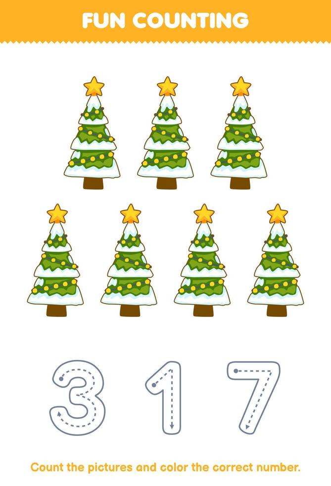 Education game for children count the pictures and color the correct number from cute cartoon christmas tree printable winter worksheet vector