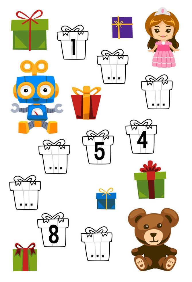 Education game for complete the sequence of number with cute cartoon gift box robot doll teddy bear picture printable winter worksheet vector