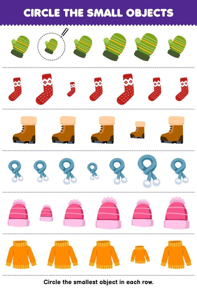 Education game for children circle the smallest object in each row of cute cartoon mitten sock boot scarf beanie sweater printable winter worksheet vector