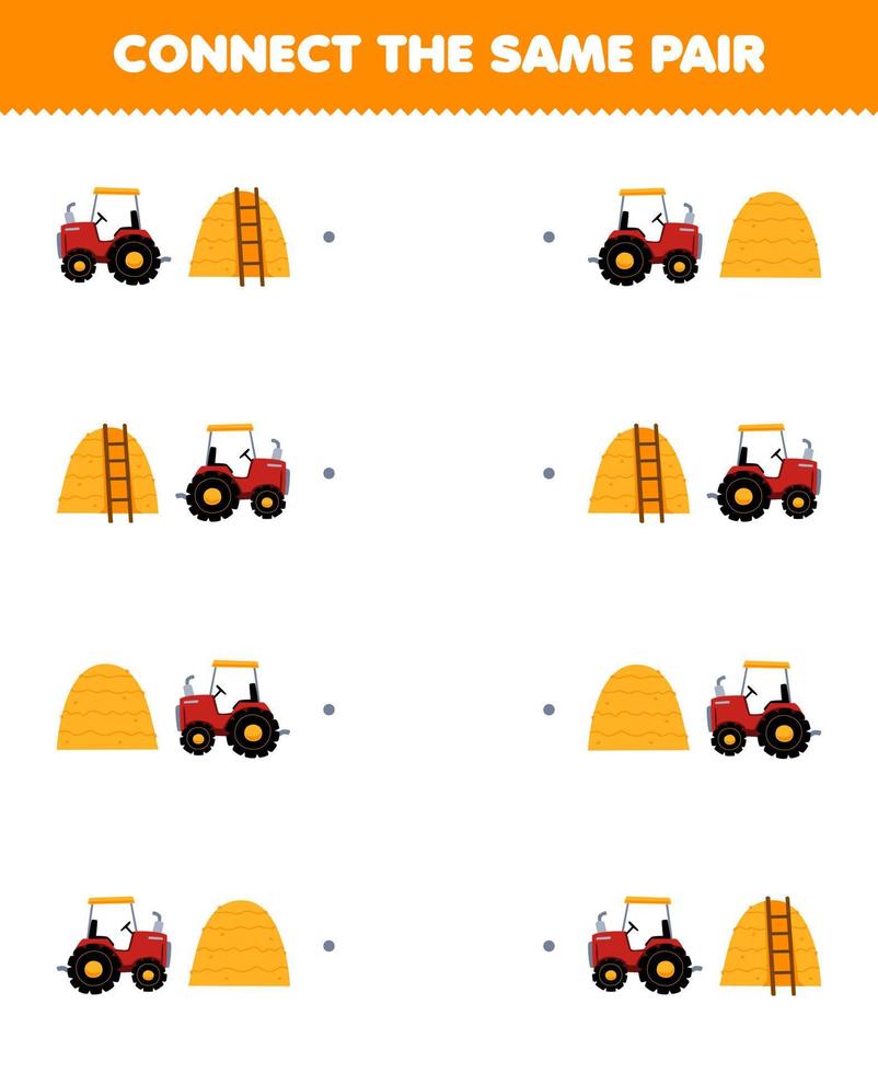 Education game for children connect the same picture of cute cartoon tractor and haystack pair printable farm worksheet vector