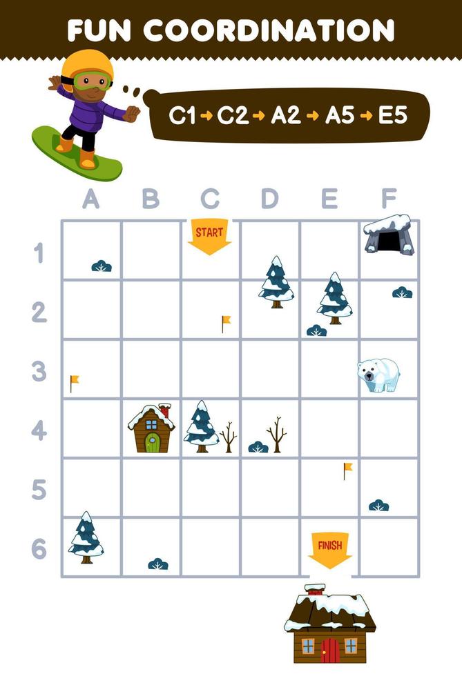 Education game for children draw the way according to the coordinates to help the boy playing snowboard to the house printable winter worksheet vector
