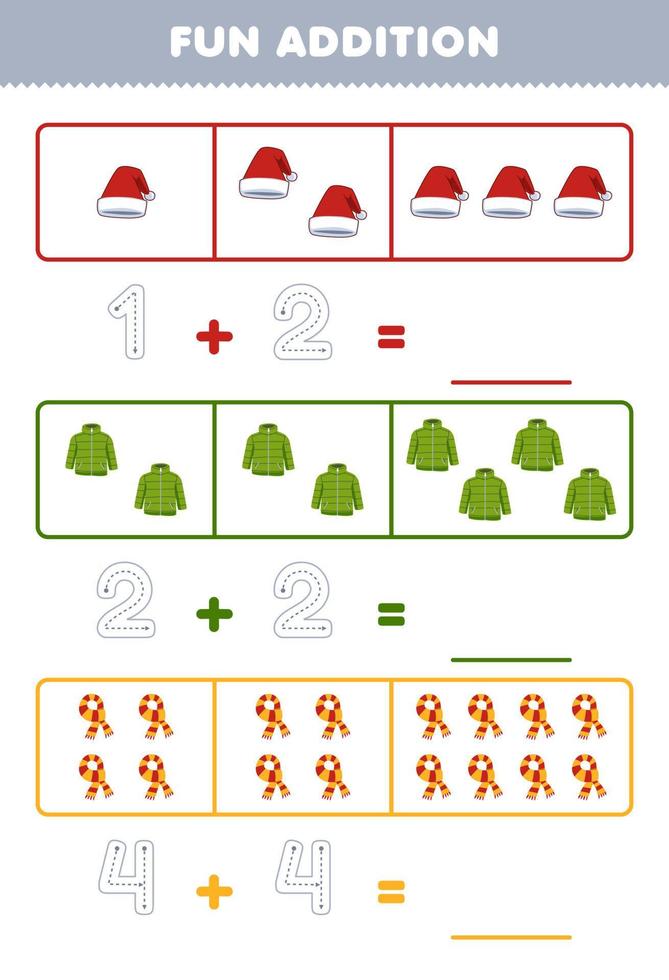 Education game for children fun addition by counting and tracing the number of cute cartoon hat coat scarf printable winter worksheet vector