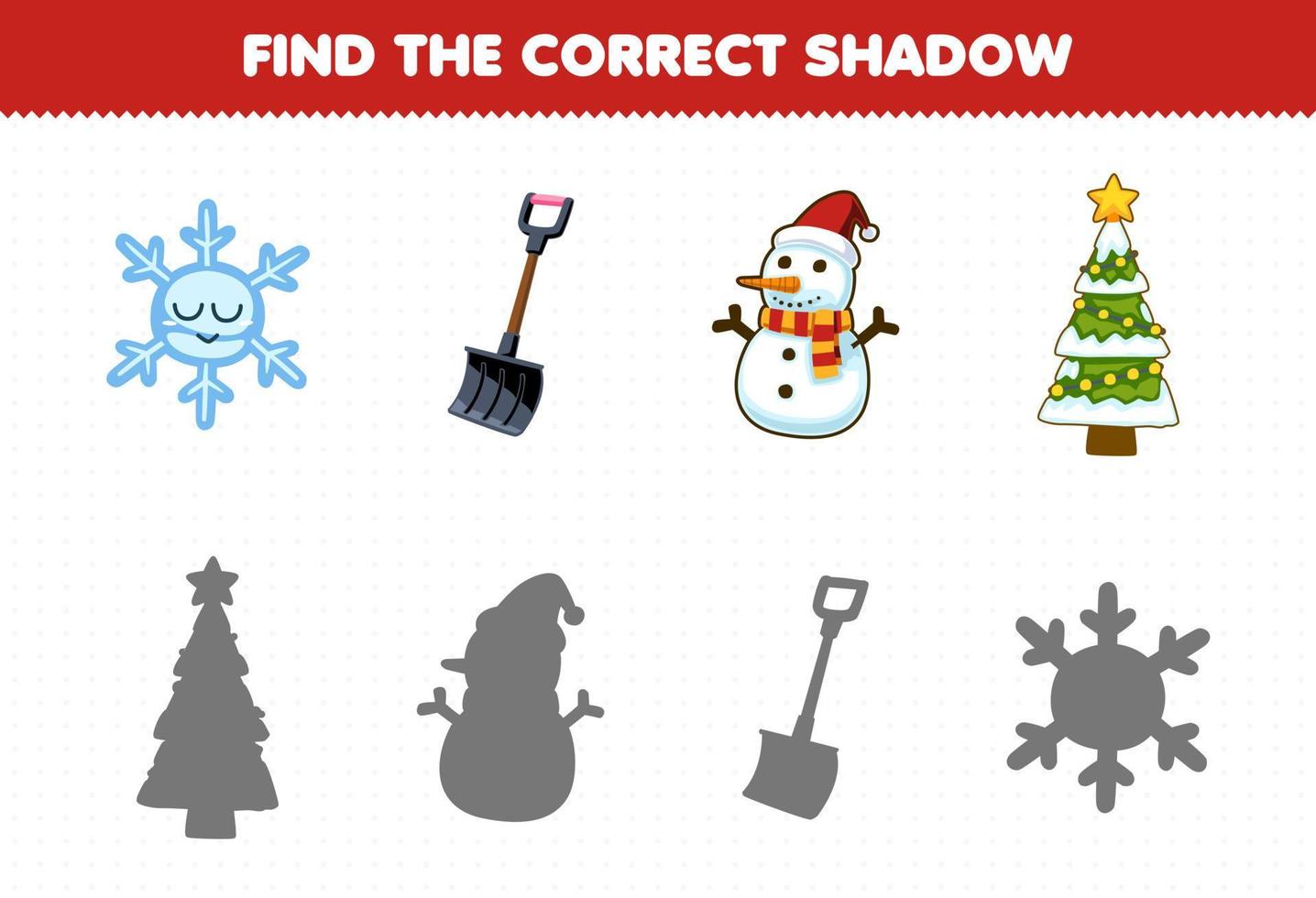 Education game for children find the correct shadow set of cute cartoon snowflake shovel snowman christmas tree printable winter worksheet vector