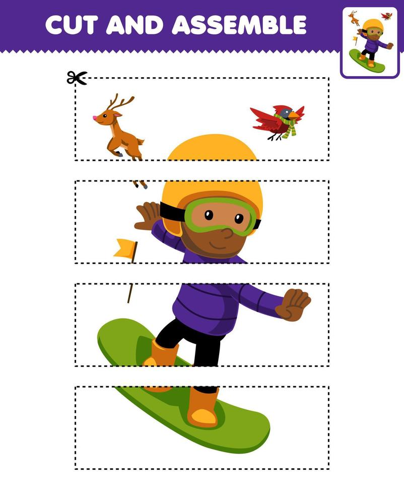 Education game for children cutting practice and assemble puzzle with cute  cartoon boy playing snowboard printable winter worksheet 14844532 Vector  Art at Vecteezy