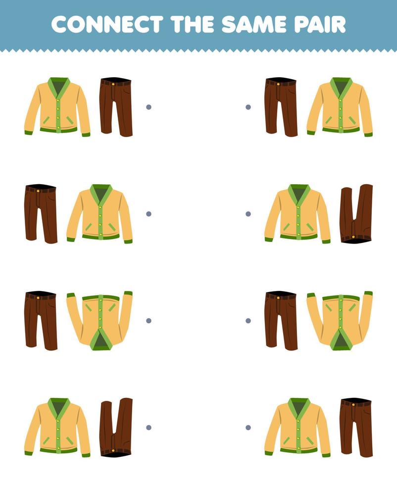 Education game for children connect the same picture of cute cartoon cardigan and trouser pair printable wearable clothes worksheet vector