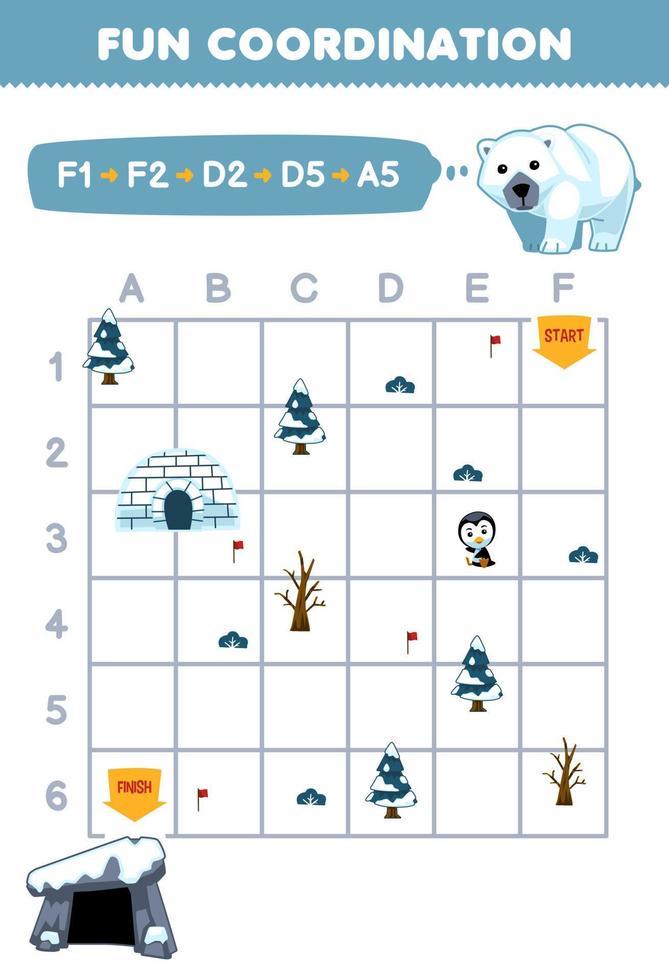 Education game for children draw the way according to the coordinates to help the polar bear move to the den printable winter worksheet vector