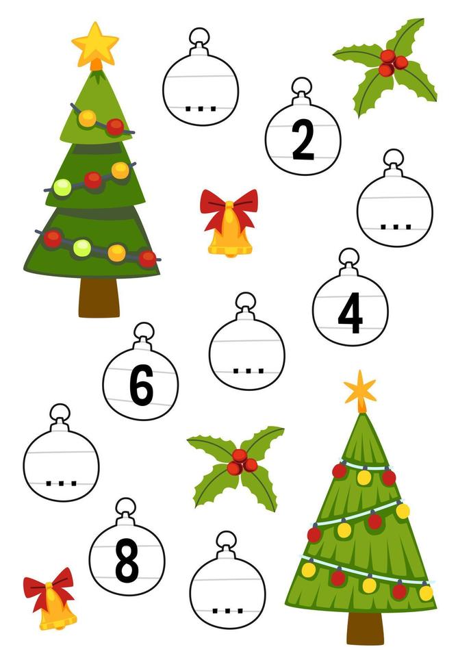 juego educativo para completar la secuencia de números con una linda caricatura de árbol de navidad hoja de trabajo de invierno imprimible vector