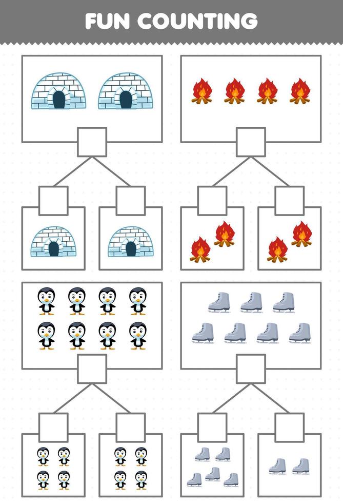 Education game for children fun counting picture in each box of cute cartoon igloo bonfire penguin ice skating shoe printable winter worksheet vector