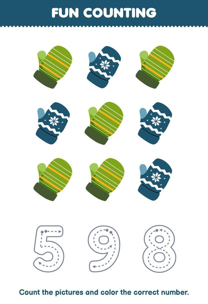 Education game for children count the pictures and color the correct number from cute cartoon mitten printable winter worksheet vector