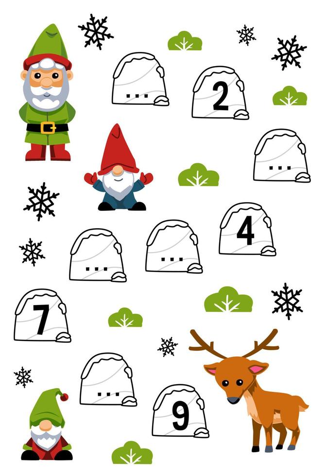 Education game for complete the sequence of number with cute cartoon gnome and deer picture printable winter worksheet vector