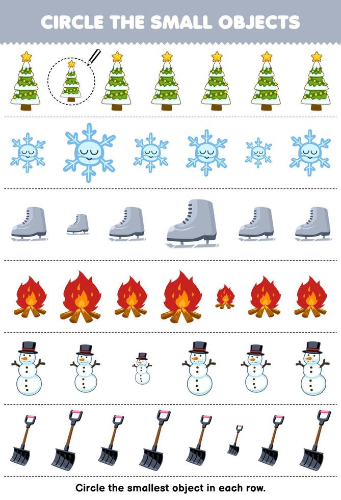 juego educativo para niños encierra en un círculo el objeto más pequeño en cada fila de dibujos animados lindo árbol de navidad bota de copo de nieve hoguera muñeco de nieve pala hoja de trabajo de invierno imprimible vector