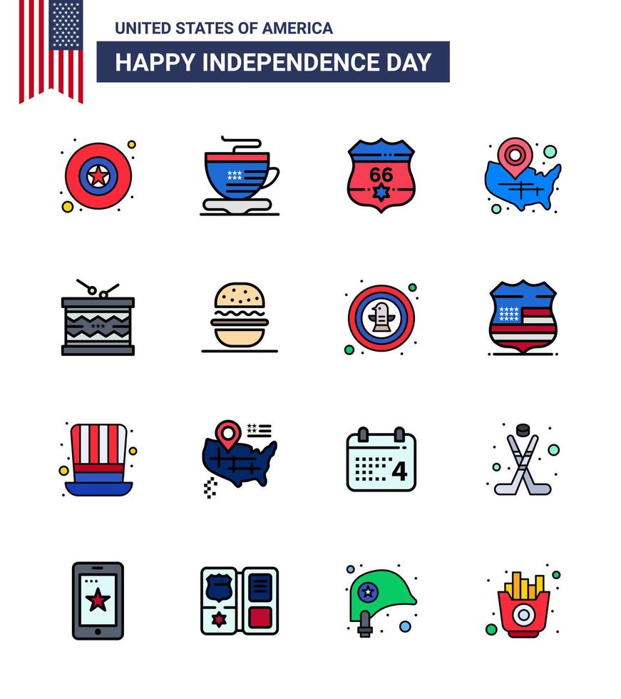 USA Independence Day Flat Filled Line Set of 16 USA Pictograms of irish drum usa location pin usa Editable USA Day Vector Design Elements