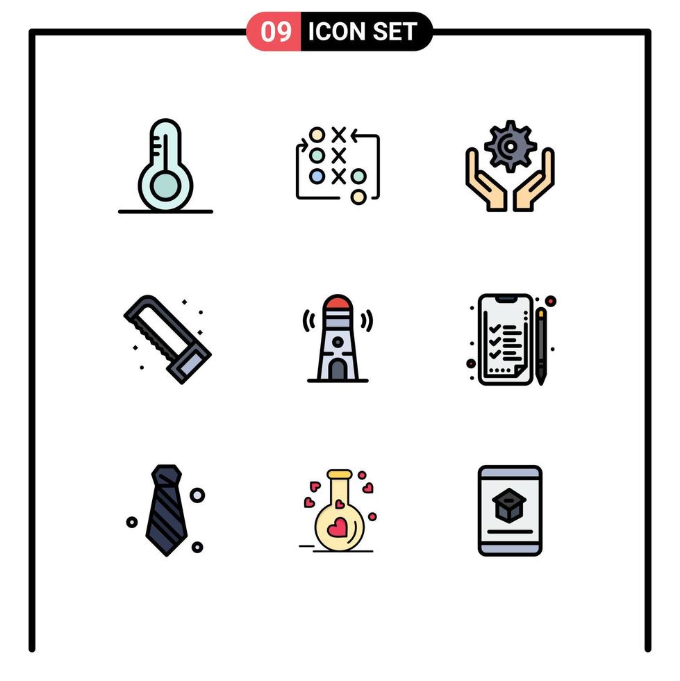 Pack of 9 creative Filledline Flat Colors of building saw hands plumbing mechanical Editable Vector Design Elements