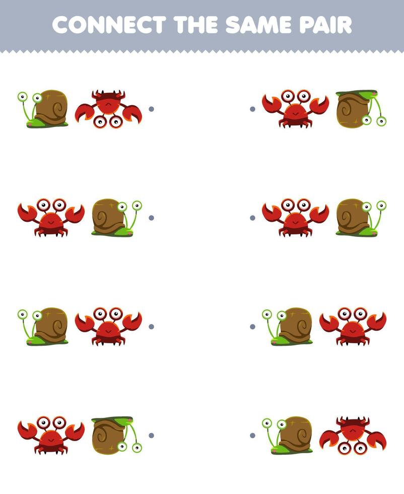 Education game for children connect the same picture of cute cartoon snail and crab pair printable animal worksheet vector