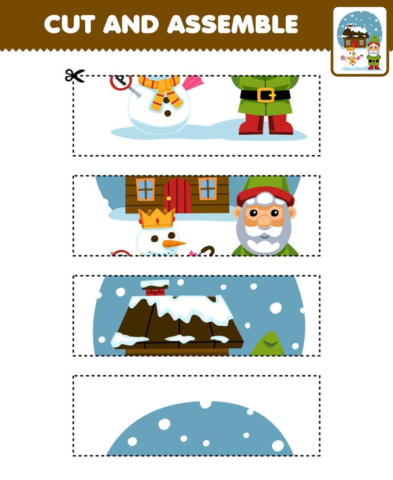 Education game for children cutting practice and assemble puzzle with cute cartoon gnome and snowman in front of house printable winter worksheet vector