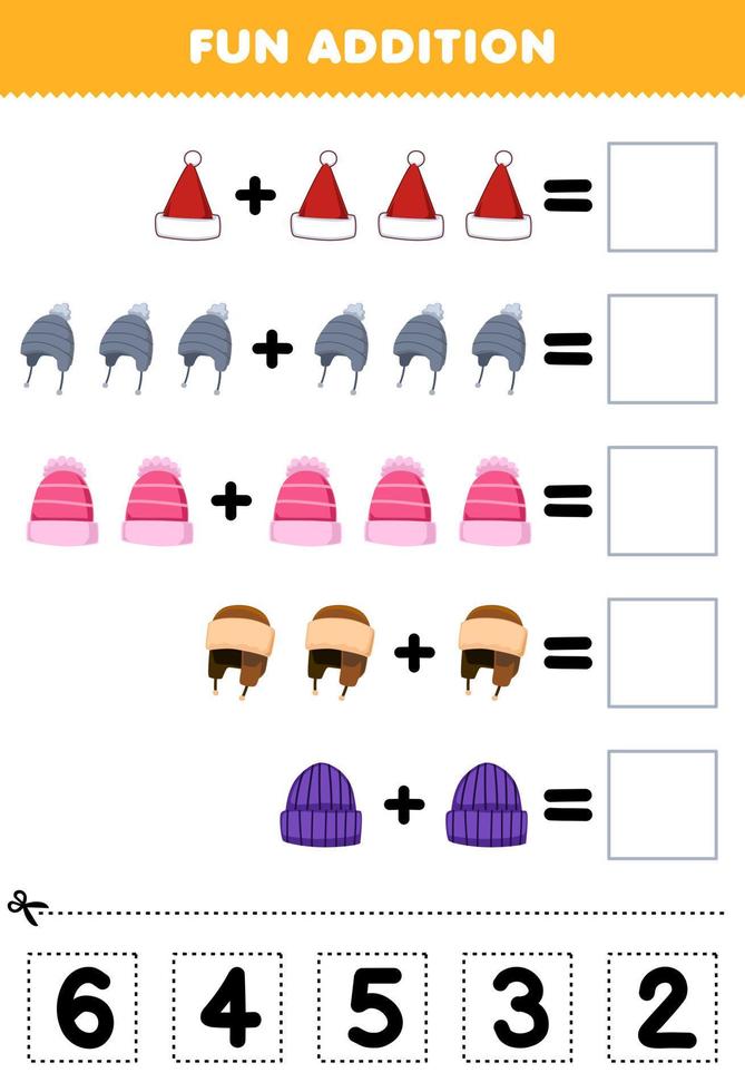 Education game for children fun addition by cut and match correct number for cute cartoon beanie hat printable winter worksheet vector