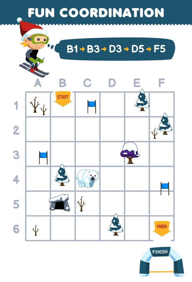 Education game for children draw the way according to the coordinates to help the boy playing ski to the finish line printable winter worksheet vector