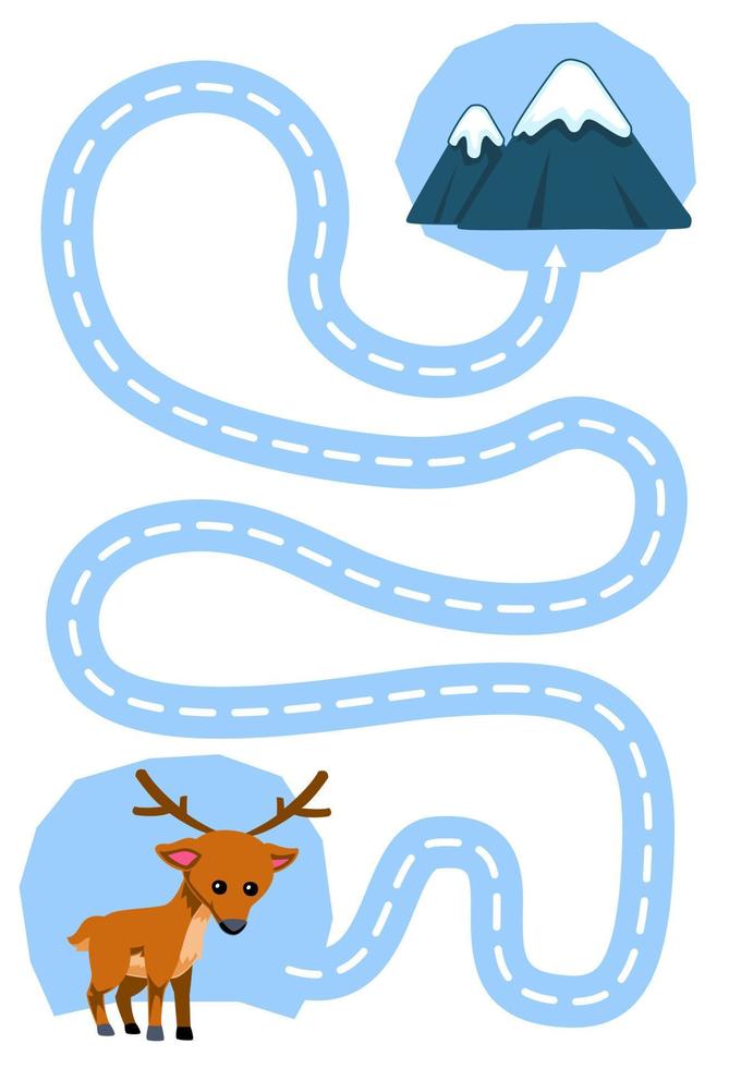 juego educativo para niños práctica de escritura a mano trazar las líneas ayudar a los lindos ciervos de dibujos animados a moverse a la montaña hoja de trabajo de invierno imprimible vector