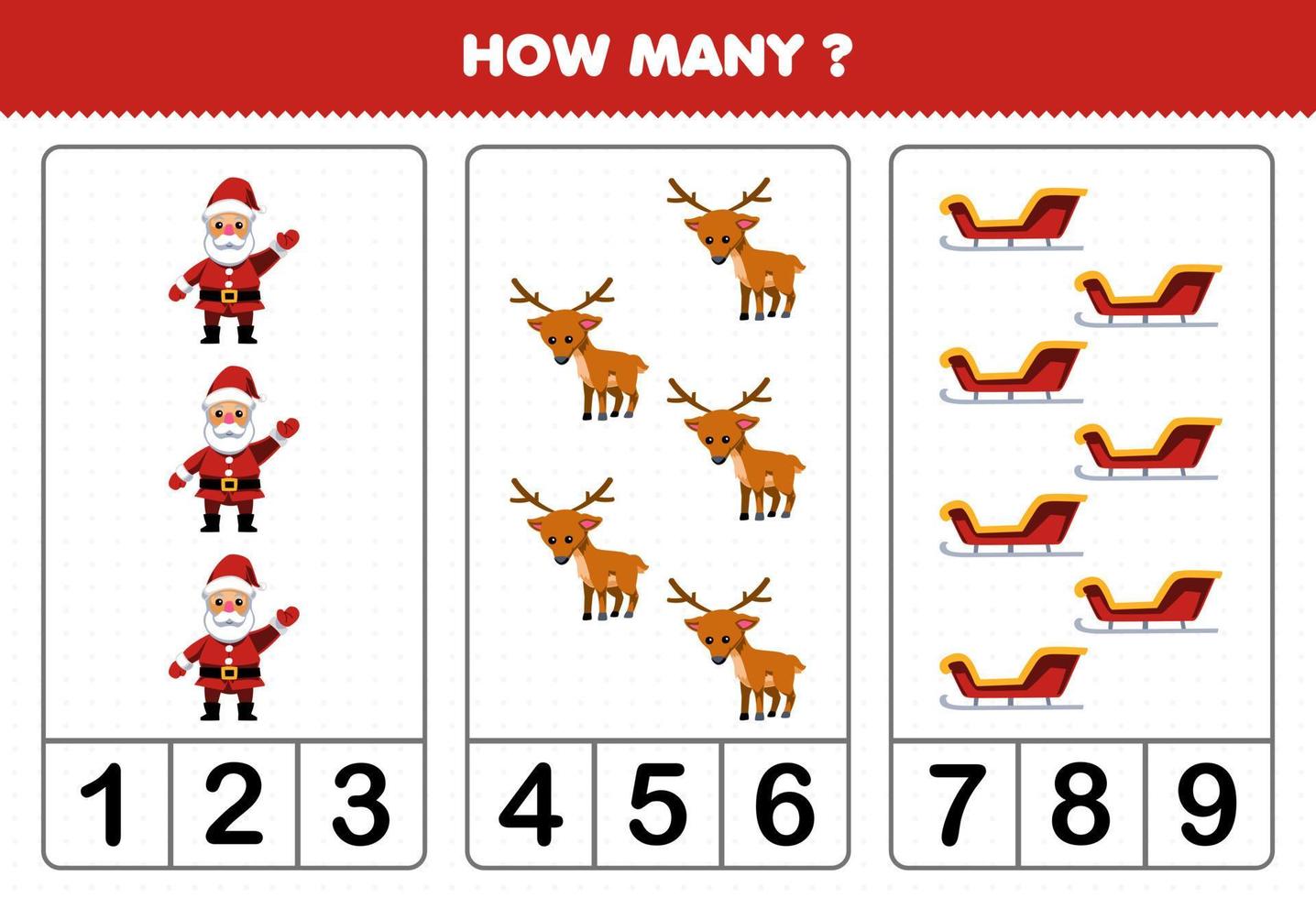 Education game for children counting how many cute cartoon santa deer sled printable winter worksheet vector