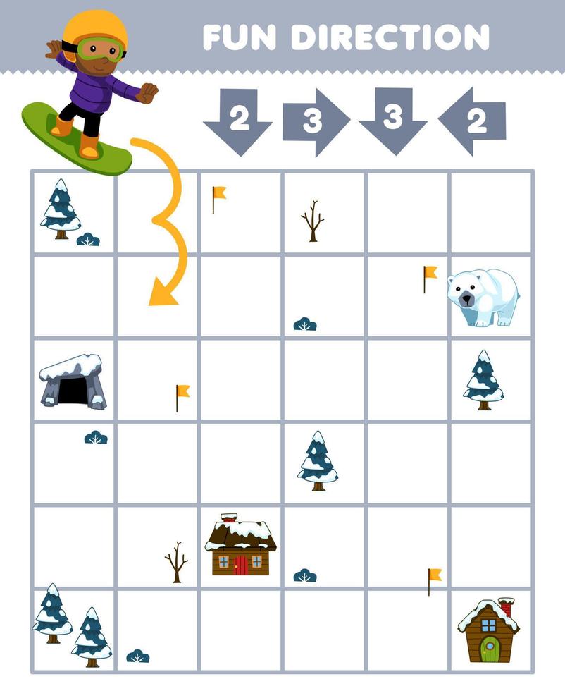 Education game for children fun direction help boy playing snowboard move according to the numbers on the arrows printable winter worksheet vector