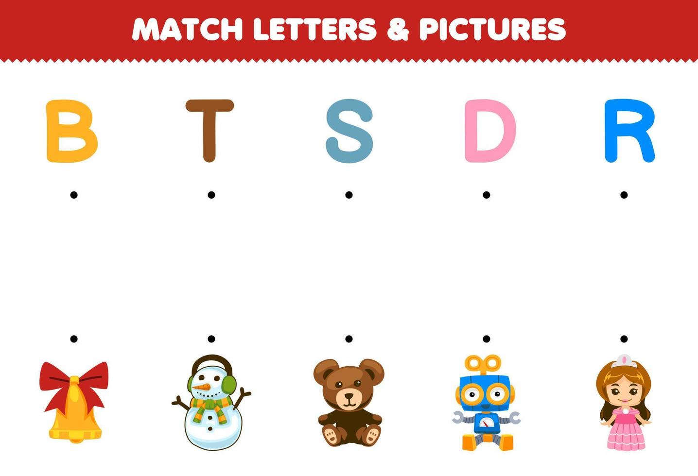 Education game for children match letters and pictures of cute cartoon bell snowman teddy bear robot doll printable winter worksheet vector