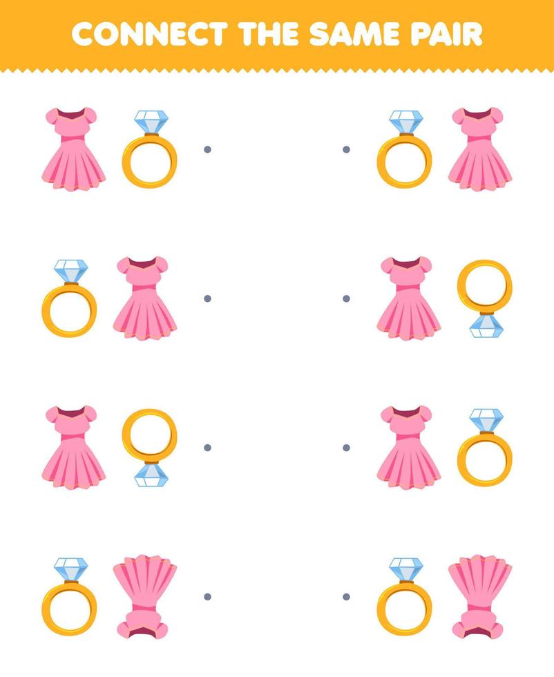 Education game for children connect the same picture of cute cartoon dress and ring pair printable wearable clothes worksheet vector