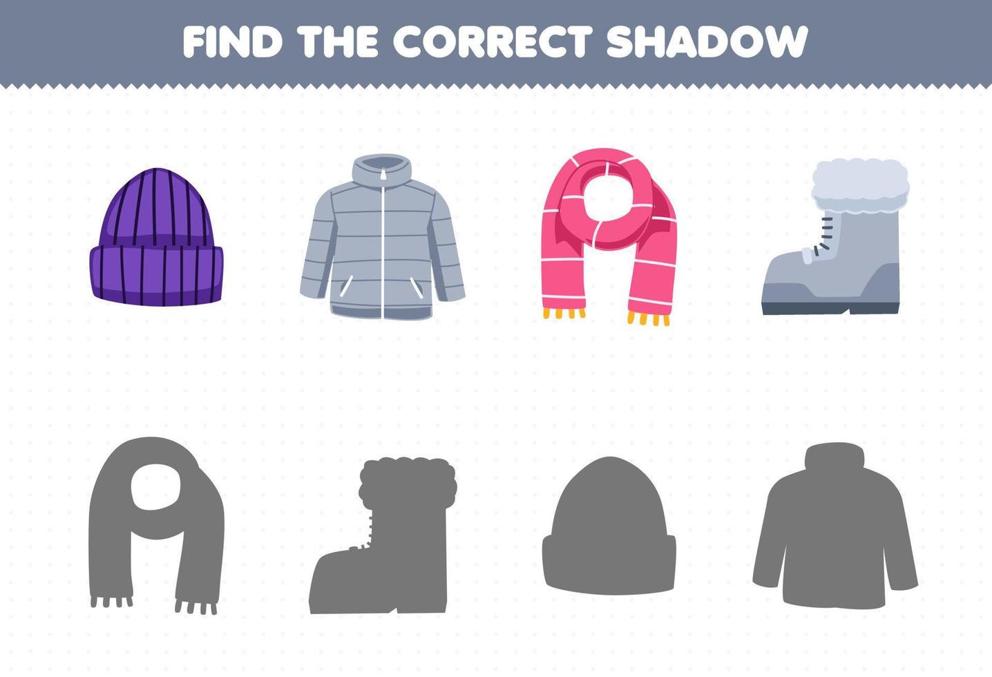 juego educativo para niños encontrar la sombra correcta conjunto de dibujos animados lindo gorro bufanda bota hoja de trabajo de invierno imprimible vector