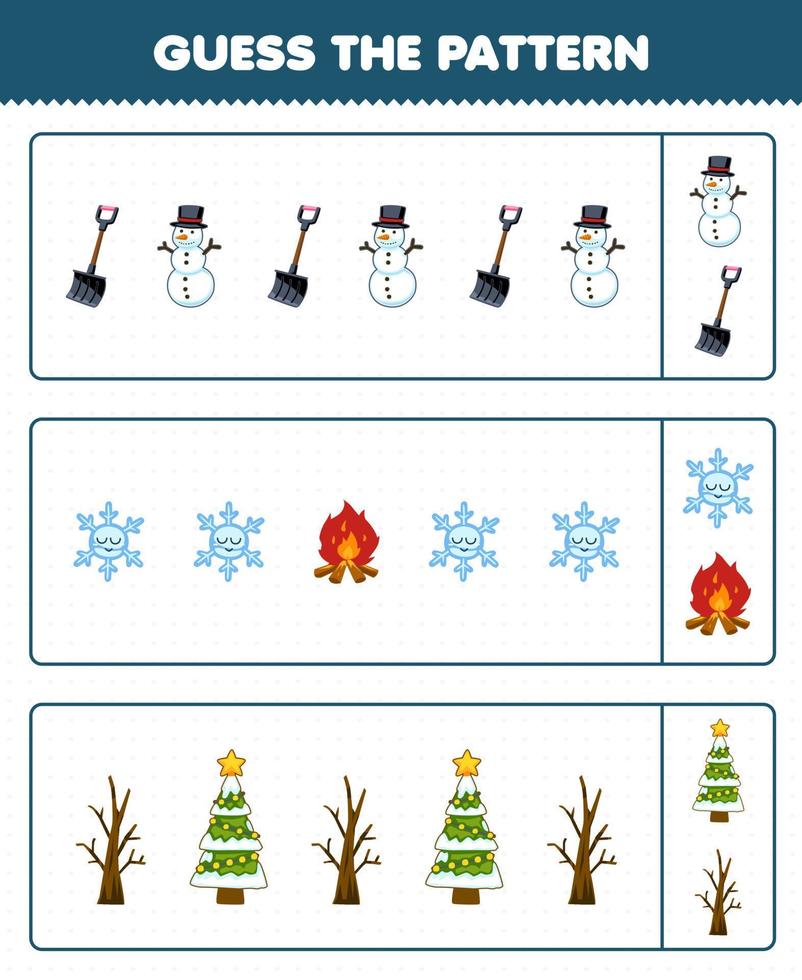 juego educativo para niños adivinar el patrón de cada fila de dibujos animados pala muñeco de nieve copo de nieve hoguera árbol de navidad hoja de trabajo de invierno imprimible vector