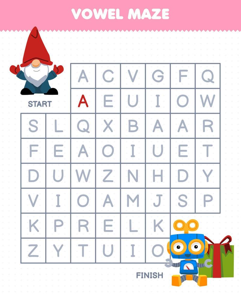 Education game for children vowel maze help cute cartoon gnome move to robot and gift box printable winter worksheet vector