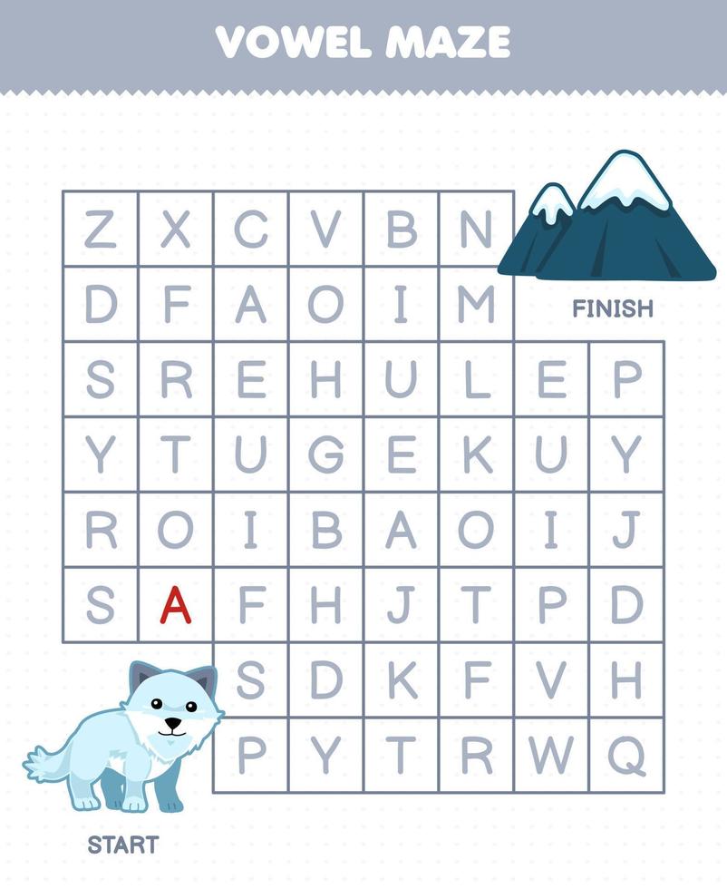 Education game for children vowel maze help cute cartoon arctic fox move to mountain printable winter worksheet vector