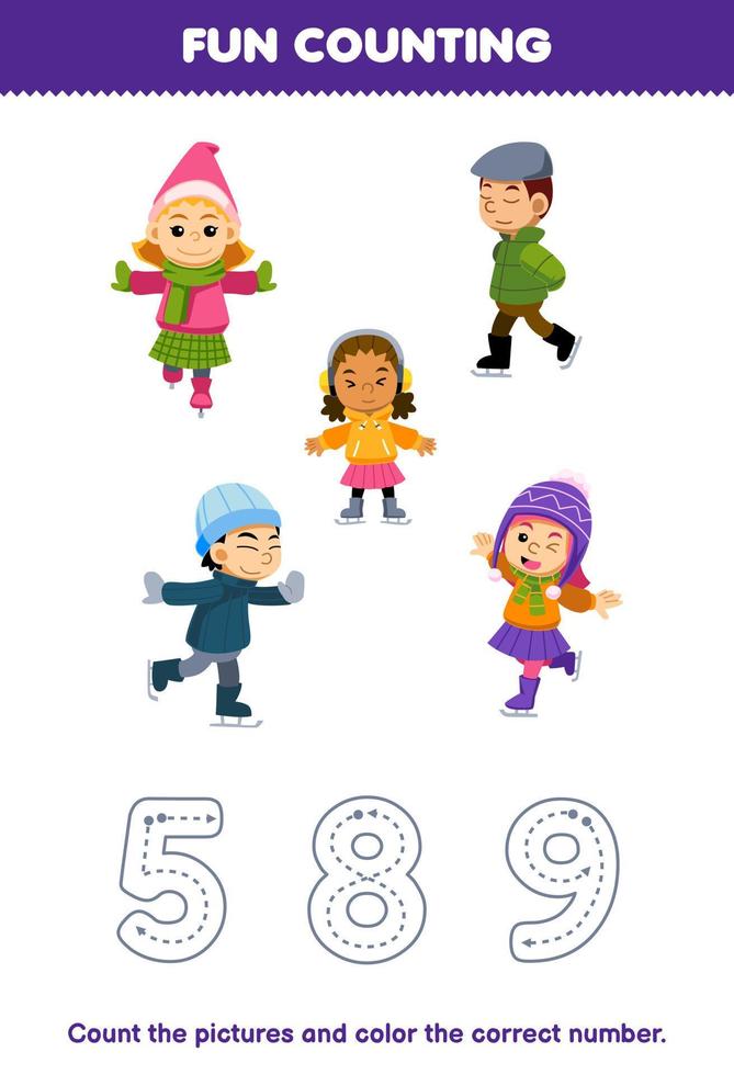 juego educativo para niños cuente las imágenes y coloree el número correcto de un lindo niño y niña de dibujos animados jugando hoja de trabajo de invierno imprimible de patinaje sobre hielo vector