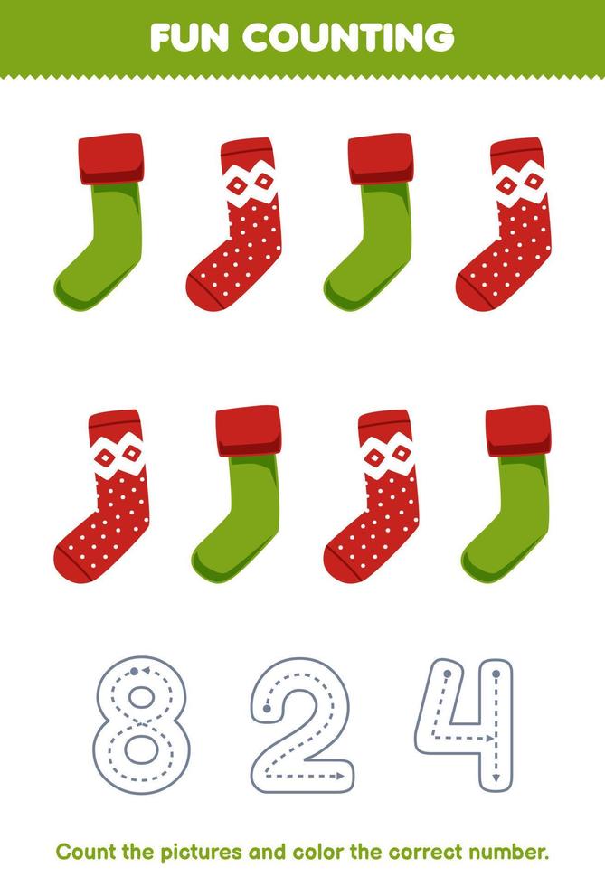 Education game for children count the pictures and color the correct number from cute cartoon sock printable winter worksheet vector