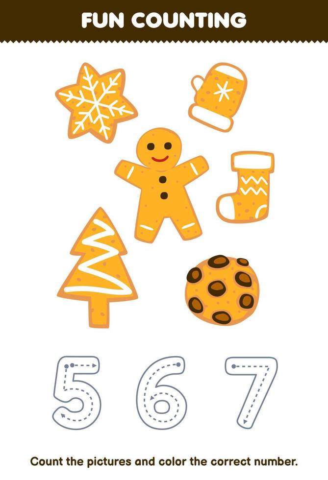 Education game for children count the pictures and color the correct number from cute cartoon cookie printable winter worksheet vector
