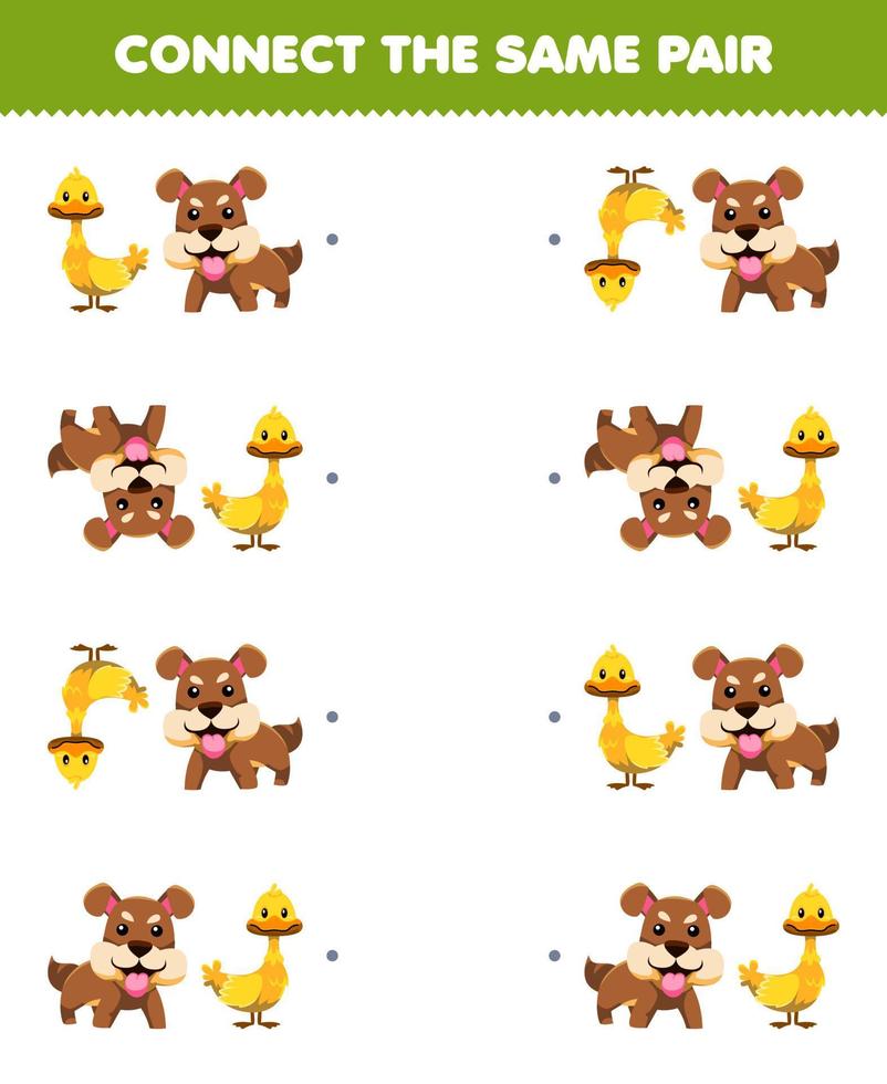 Education game for children connect the same picture of cute cartoon duck and dog pair printable animal worksheet vector