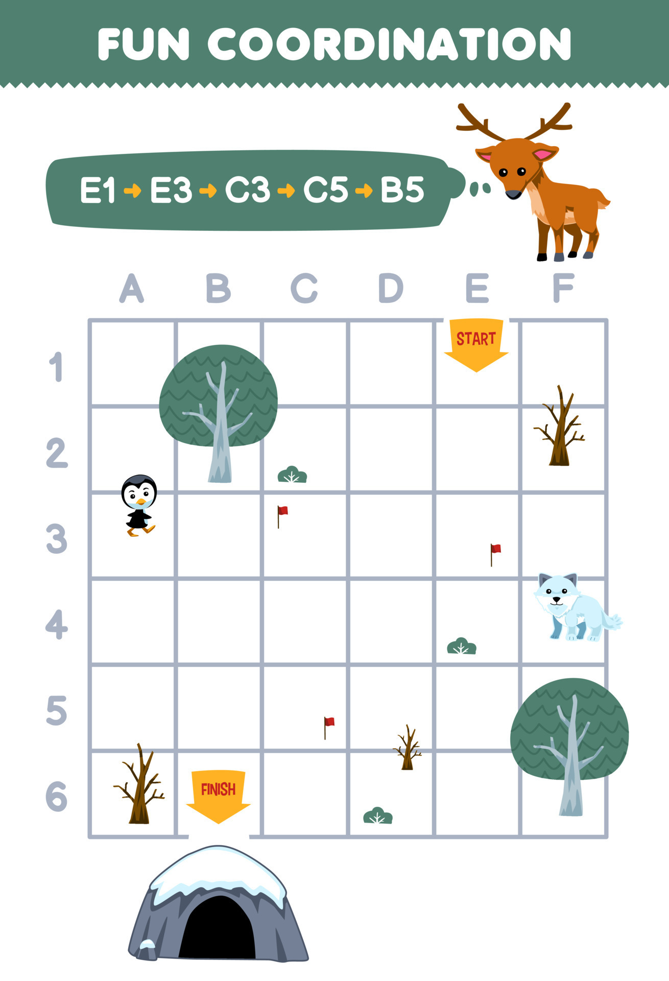 Education game for children draw the way according to the coordinates