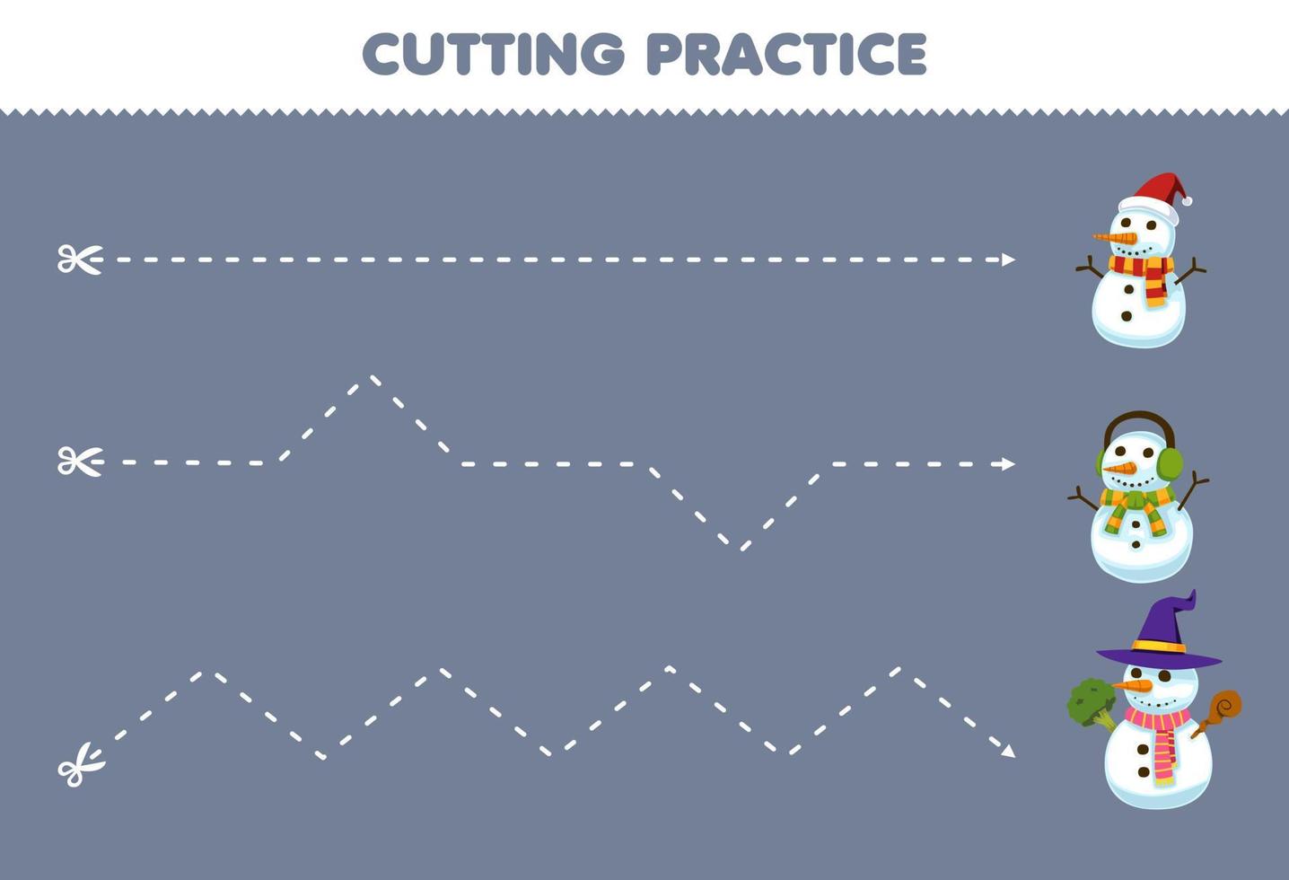 Education game for children cutting practice with cute cartoon snowman picture printable winter worksheet vector