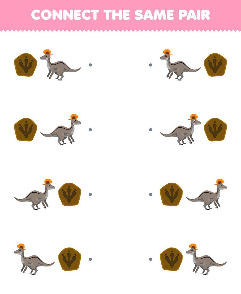 Education game for children connect the same picture of cute cartoon footprint and lambeosaurus pair printable prehistoric dinosaur worksheet vector