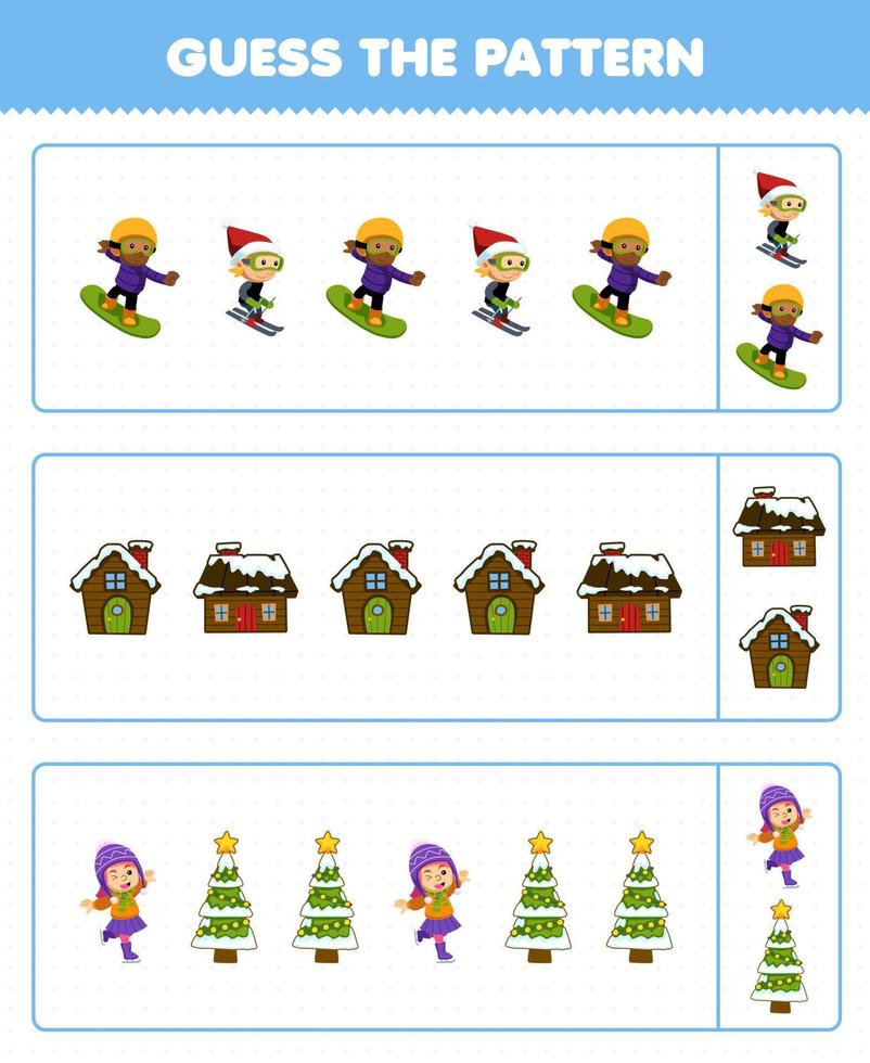 Education game for children guess the pattern each row from cute cartoon kids playing ski snowboard ice skating house christmas tree printable winter worksheet vector
