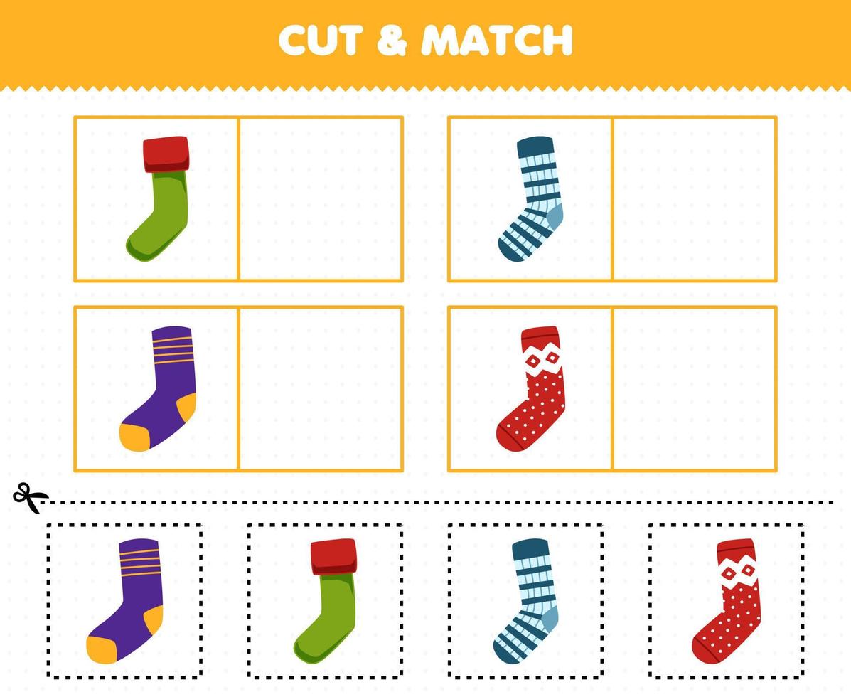 Education game for children cut and match the same picture of cute cartoon sock printable winter worksheet vector