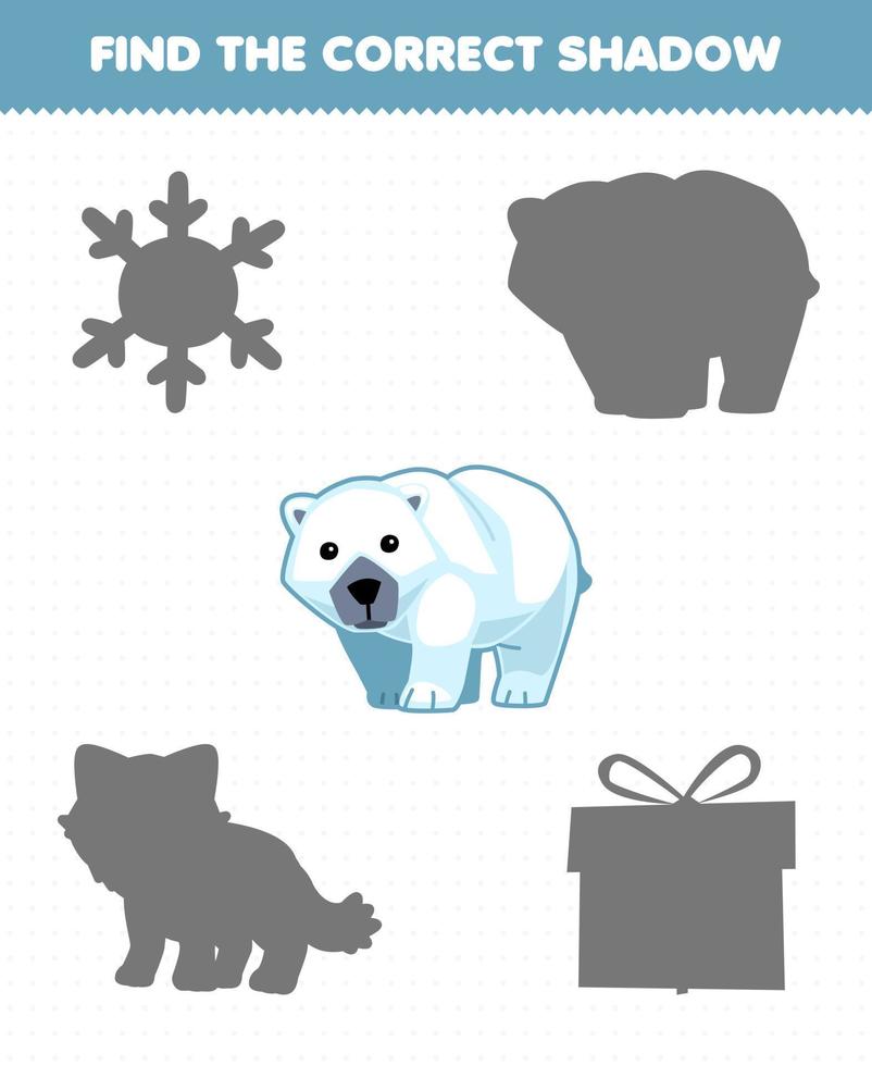 Education game for children find the correct shadow set of cute cartoon polar bear printable winter worksheet vector