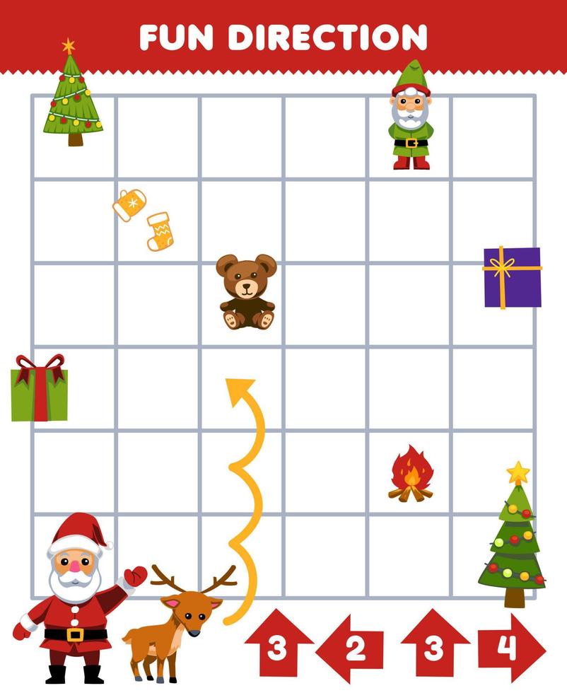 juego educativo para niños dirección divertida ayudar a santa y ciervos a moverse de acuerdo con los números en las flechas hoja de trabajo de invierno imprimible vector